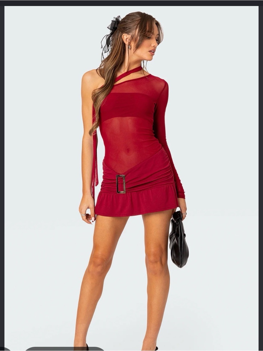 Edikted Burgundy One-Shoulder Long-Sleeve Mini Dress